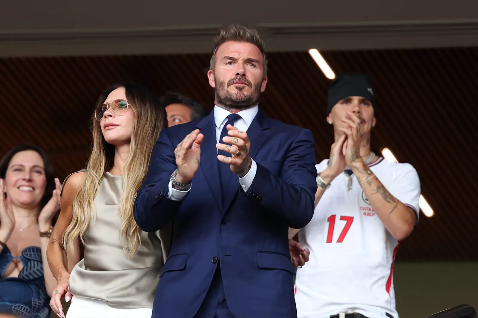 MIAMI GARDENS, FLORIDA - JULY 11: Victoria Beckham and David Beckham are seen during the FIFA World Cup 2026 Quarter Final match between Norway and England at Miami Stadium on July 11, 2026 in Miami Gardens, Florida. (Photo by Ira L. Black - FIFA/FIFA via Getty Images)